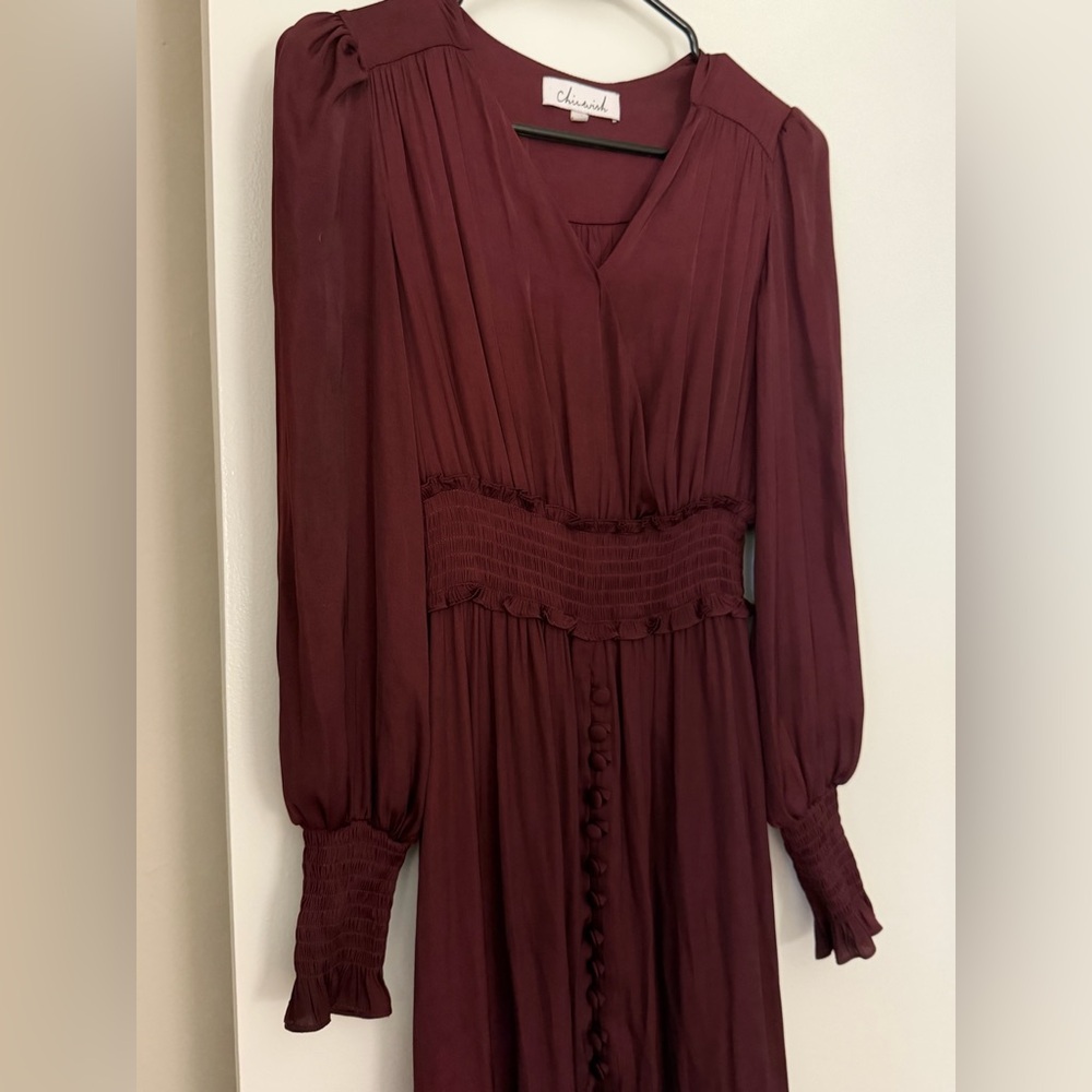 Chicwish Maroon Long Sleeve V-Neck Maxi Dress